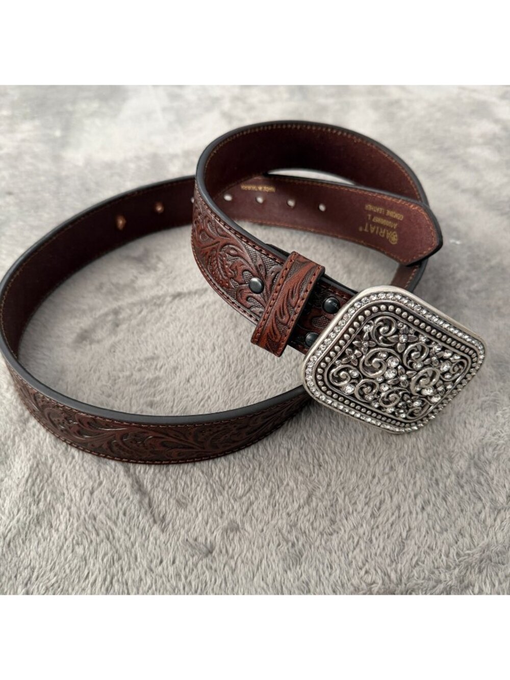 Ariat Brown Tooled Leather Belt Bling Silver Buckle Womens LARGE